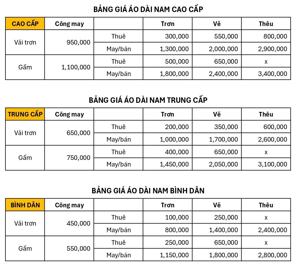 bảng giá áo dài nam mới