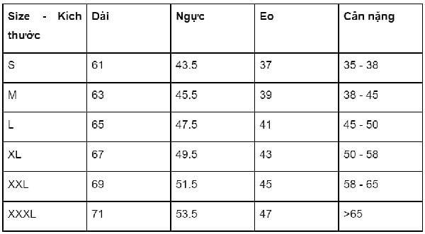 Bảng size áo sơ mi nữ