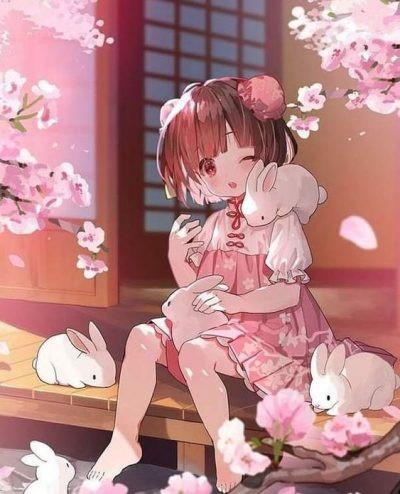 Hình nền anime cô gái ngắm cảnh tông hồng